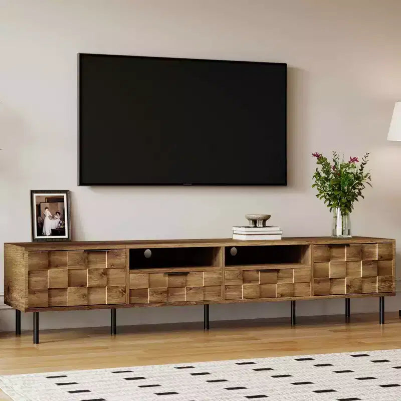 Meuble TV du milieu du siècle avec 2 tiroirs, console multimédia pour téléviseurs jusqu'à 85, meuble de divertissement avec rangement pour le salon