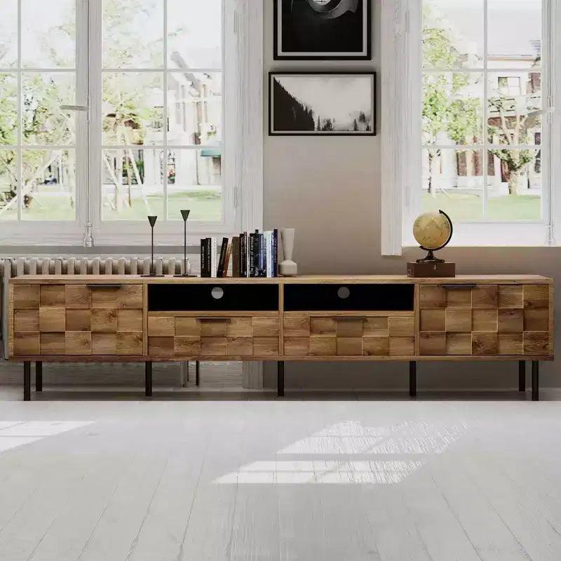 Meuble TV du milieu du siècle avec 2 tiroirs, console multimédia pour téléviseurs jusqu'à 85, meuble de divertissement avec rangement pour le salon