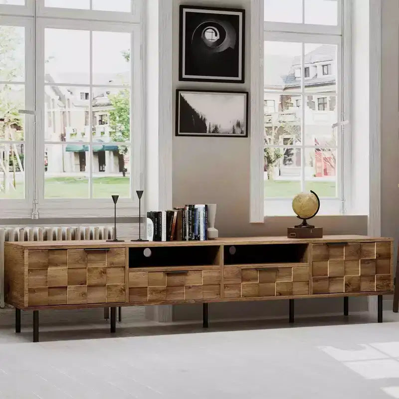 Meuble TV du milieu du siècle avec 2 tiroirs, console multimédia pour téléviseurs jusqu'à 85, meuble de divertissement avec rangement pour le salon