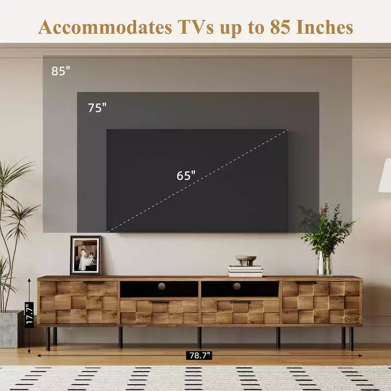 Meuble TV du milieu du siècle avec 2 tiroirs, console multimédia pour téléviseurs jusqu'à 85, meuble de divertissement avec rangement pour le salon