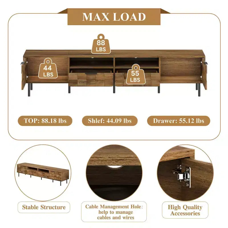 Meuble TV du milieu du siècle avec 2 tiroirs, console multimédia pour téléviseurs jusqu'à 85, meuble de divertissement avec rangement pour le salon
