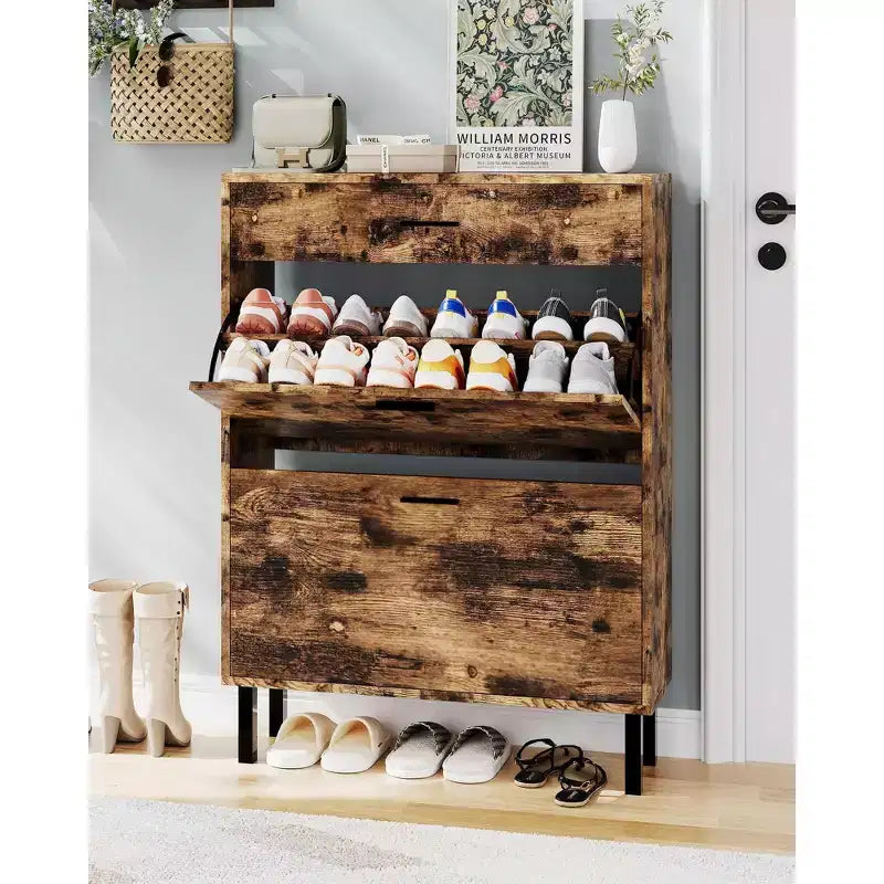 Meuble à chaussures étroit avec 3 tiroirs et étagères réglables, rangement autoportant en bois pour entrée, couloir et porche
