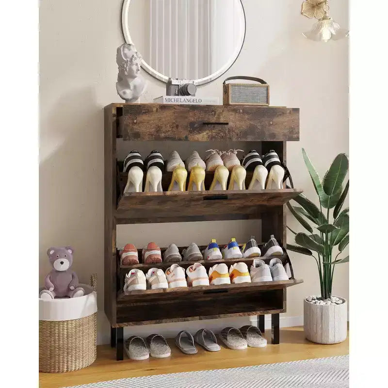 Meuble à chaussures étroit avec 3 tiroirs et étagères réglables, rangement autoportant en bois pour entrée, couloir et porche