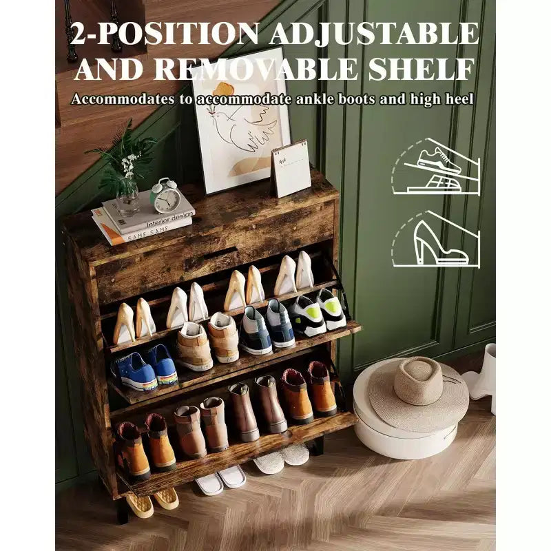 Meuble à chaussures étroit avec 3 tiroirs et étagères réglables, rangement autoportant en bois pour entrée, couloir et porche