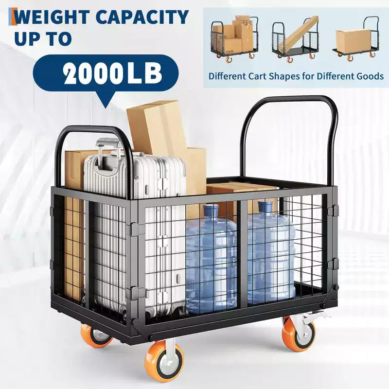 Chariot plateforme de 2000Lbs avec cage, chariot à main pliable robuste 6-en-1 avec cage, diable pliant