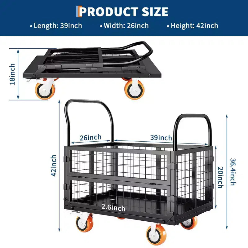 Chariot plateforme de 2000Lbs avec cage, chariot à main pliable robuste 6-en-1 avec cage, diable pliant