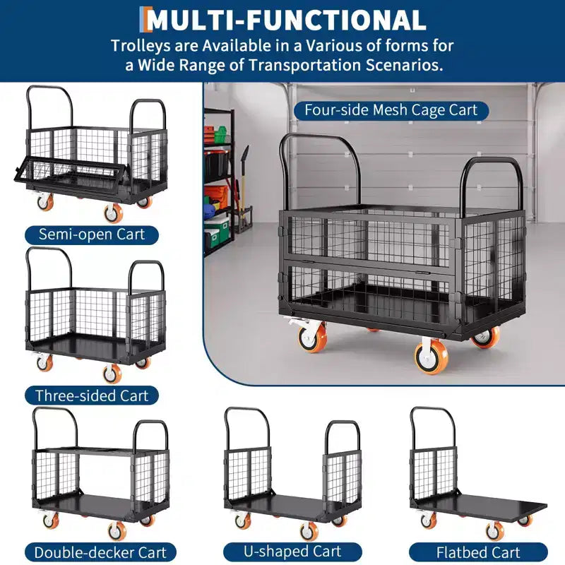 Chariot plateforme de 2000Lbs avec cage, chariot à main pliable robuste 6-en-1 avec cage, diable pliant