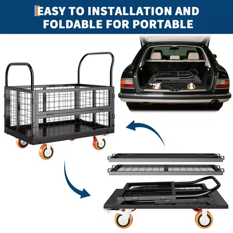 Chariot plateforme de 2000Lbs avec cage, chariot à main pliable robuste 6-en-1 avec cage, diable pliant