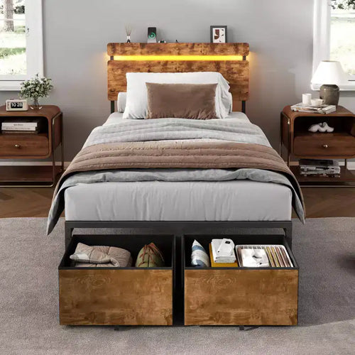Twin Size Bed Frame with Charging Station LED Lights 2 Storage Drawers Vintage Brown Metal Platform Bed Wood Headboard Shelf No Box Spring Needed
