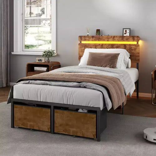Cadre de lit avec station de recharge, éclairage LED, 2 tiroirs de rangement, métal brun vintage, tête de lit avec étagère en bois, sans sommier nécessaire