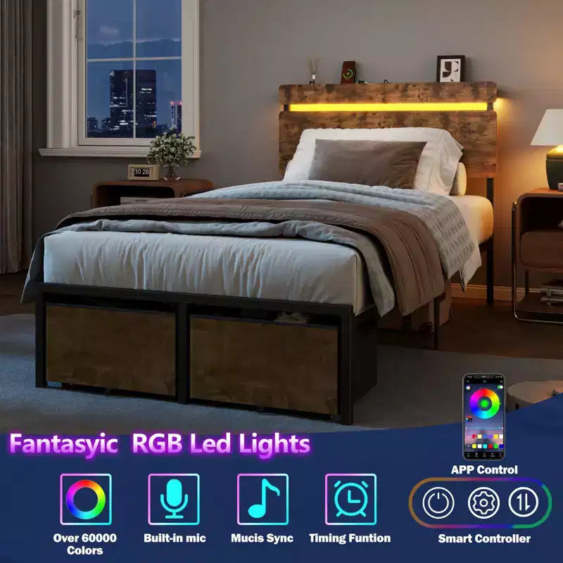 Bettgestell mit Ladestation und LED-Leuchten, 2 Schubladen, Vintage-Braun, Metallbett mit Plattform, Kopfteil aus Holz mit Ablage, kein Boxspringbett erforderlich