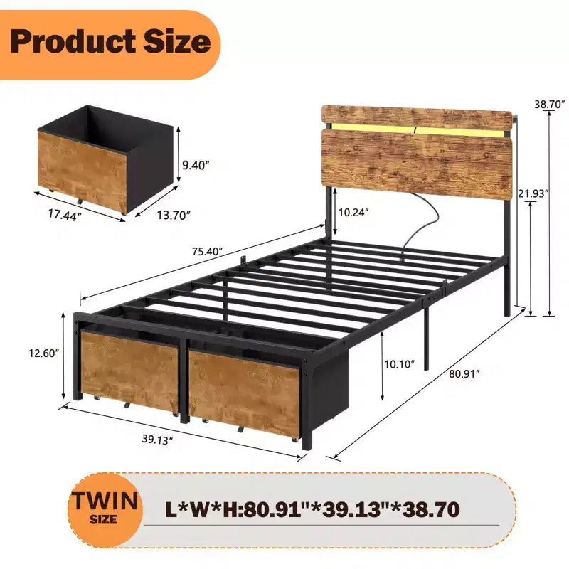 Bettgestell mit Ladestation und LED-Leuchten, 2 Schubladen, Vintage-Braun, Metallbett mit Plattform, Kopfteil aus Holz mit Ablage, kein Boxspringbett erforderlich