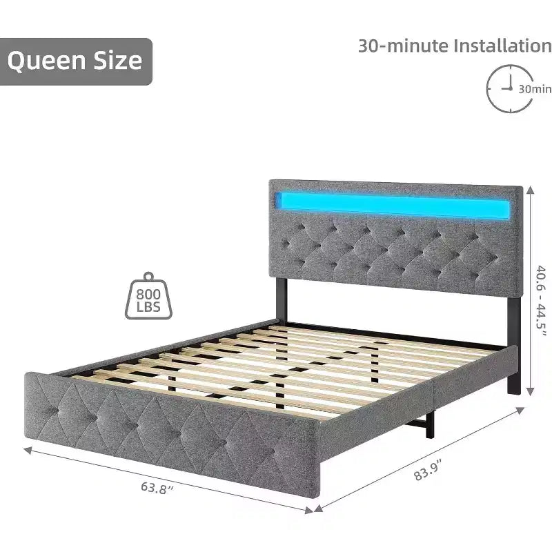 Grau gepolstertes Bettgestell mit modernem Kopfteil, stimmungsvolles Kopfteil-Design, kein Boxspringbett erforderlich, einfacher Aufbau, stilvolle neutrale Aufwertung fürs Schlafzimmer