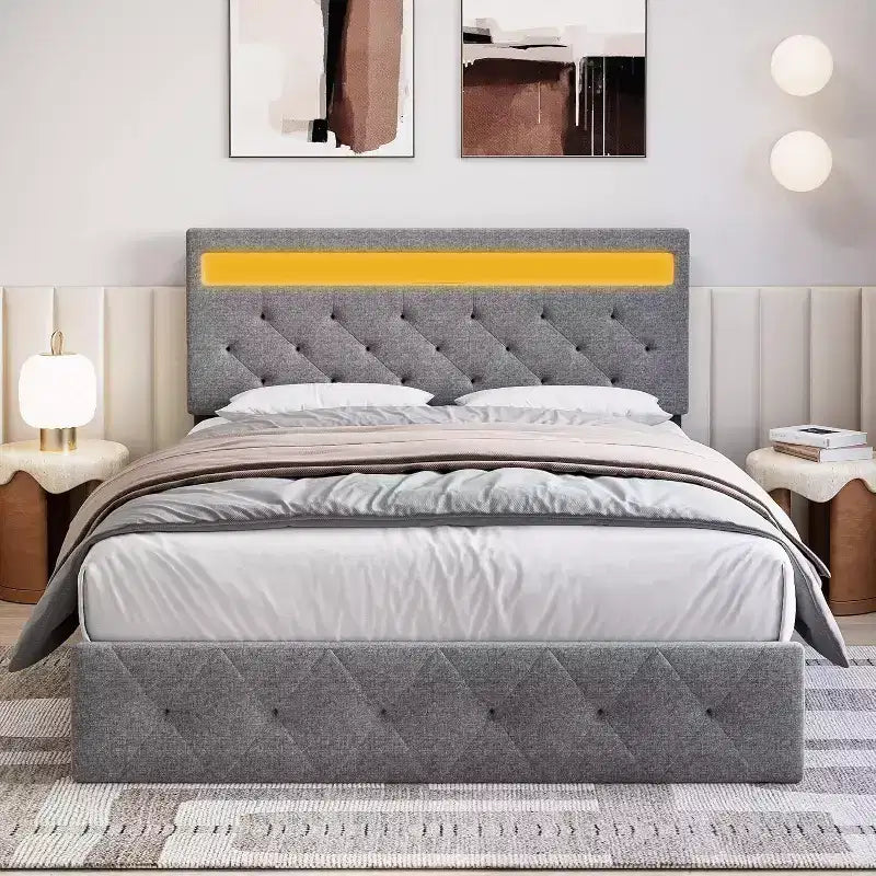 Grau gepolstertes Bettgestell mit modernem Kopfteil, stimmungsvolles Kopfteil-Design, kein Boxspringbett erforderlich, einfacher Aufbau, stilvolle neutrale Aufwertung fürs Schlafzimmer