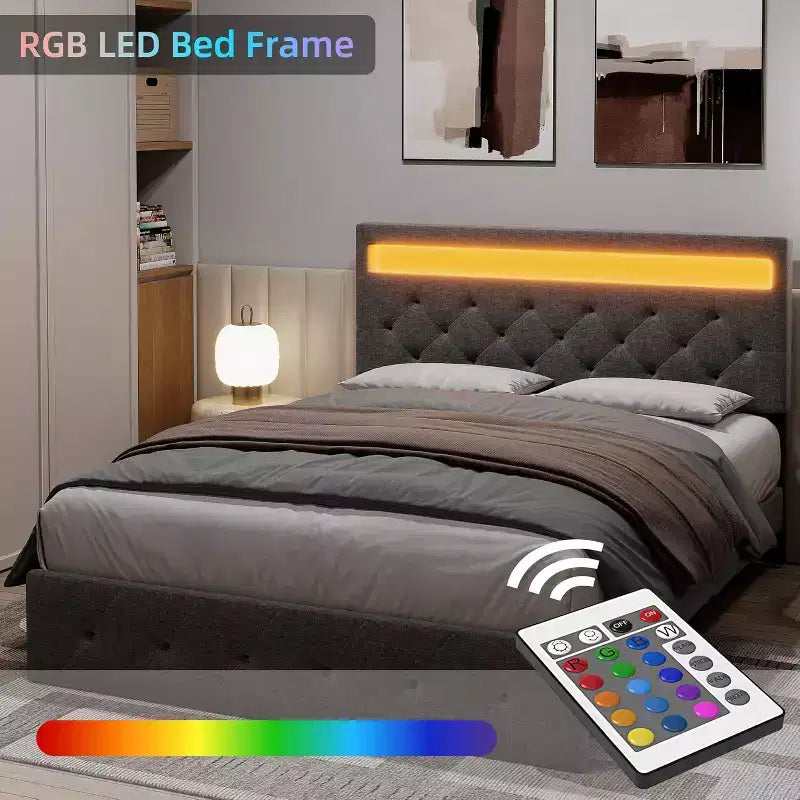 Grau gepolstertes Bettgestell mit modernem Kopfteil, stimmungsvolles Kopfteil-Design, kein Boxspringbett erforderlich, einfacher Aufbau, stilvolle neutrale Aufwertung fürs Schlafzimmer