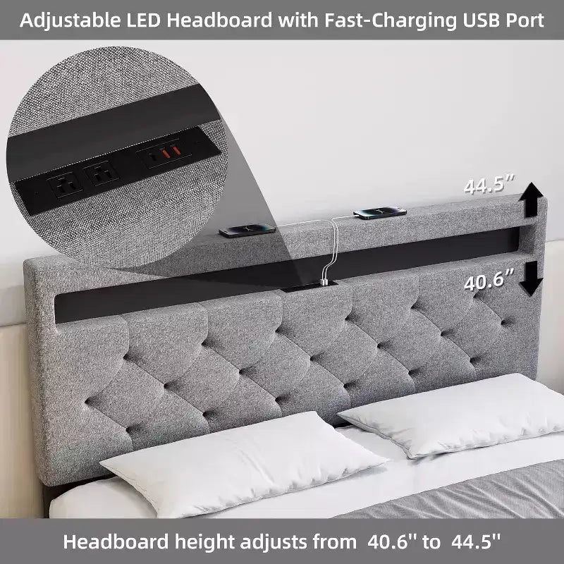 Grau gepolstertes Bettgestell mit modernem Kopfteil, stimmungsvolles Kopfteil-Design, kein Boxspringbett erforderlich, einfacher Aufbau, stilvolle neutrale Aufwertung fürs Schlafzimmer