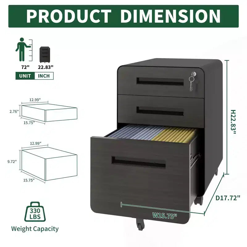 Archivador móvil de 23H con cerradura - totalmente de acero y ensamblado, diseño antivuelco y ruedas con bloqueo, compatible con A4/carta, para casa/oficina (negro)