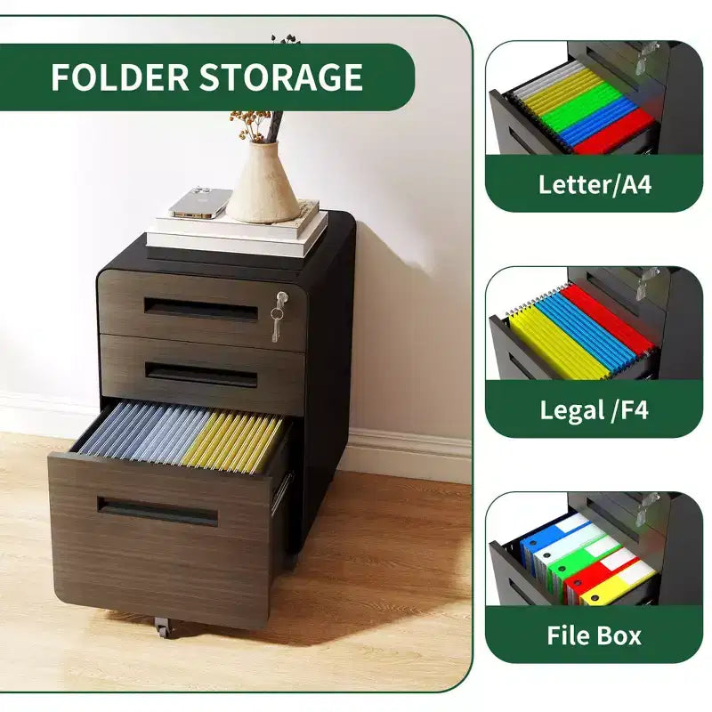 Archivador móvil de 23H con cerradura - totalmente de acero y ensamblado, diseño antivuelco y ruedas con bloqueo, compatible con A4/carta, para casa/oficina (negro)