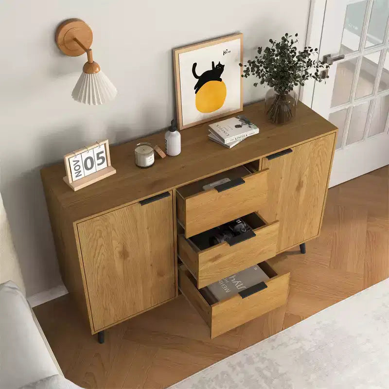 Aparador con almacenamiento, mueble de madera para café, consola con 3 cajones y 1 puerta, armario aparador de cocina, color natural