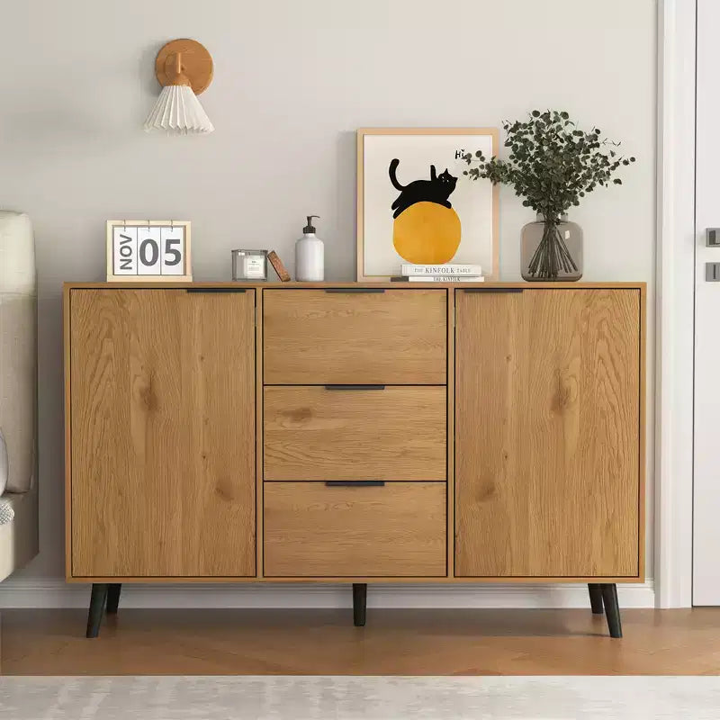Sideboard mit Stauraum, Kaffeebarschrank aus Holz, Konsolenschrank mit 3 Schubladen und 1 Tür, Küchenbuffetschrank, Natur