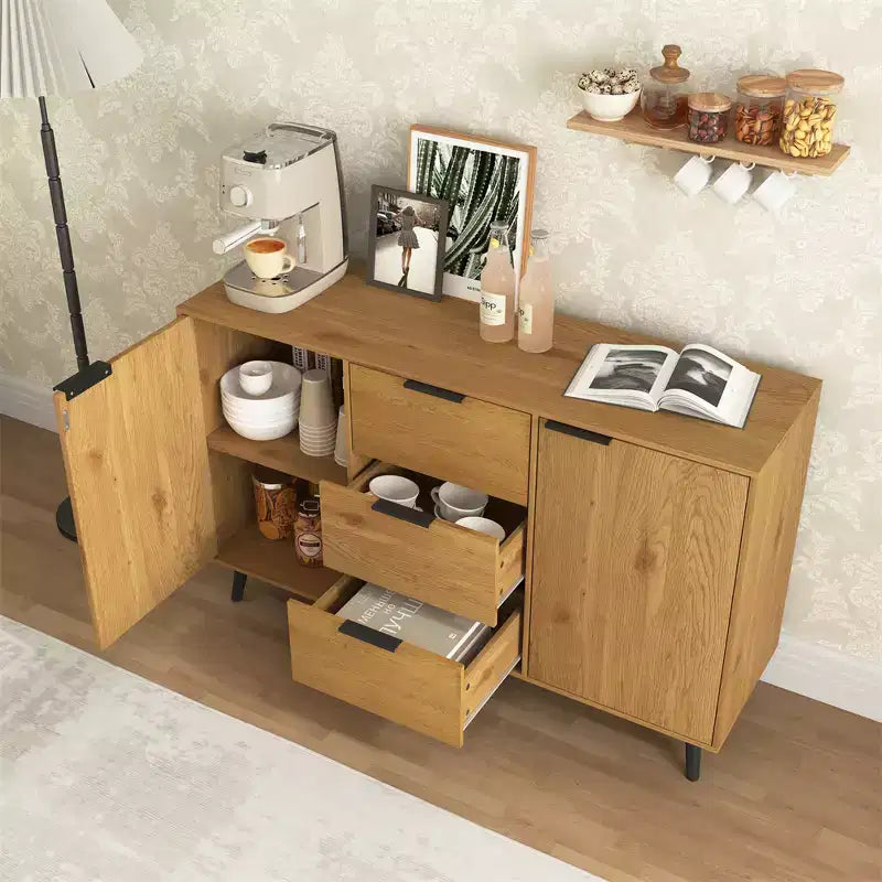 Sideboard mit Stauraum, Kaffeebarschrank aus Holz, Konsolenschrank mit 3 Schubladen und 1 Tür, Küchenbuffetschrank, Natur