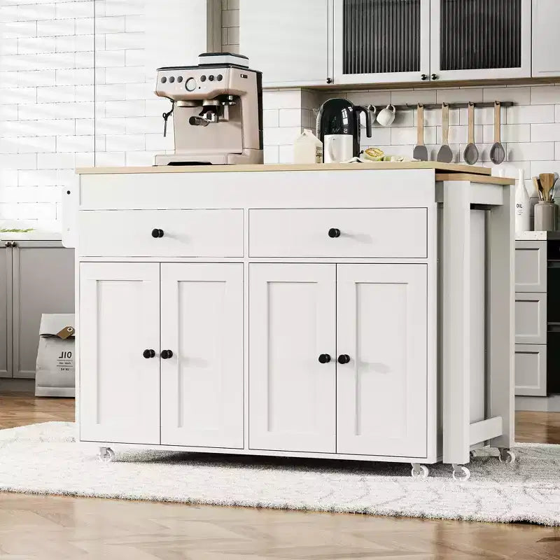 Isla de cocina móvil de 74 pulgadas con ruedas y mesa de comedor extensible, incluye especiero y 2 cajones, ideal para la cocina, blanca