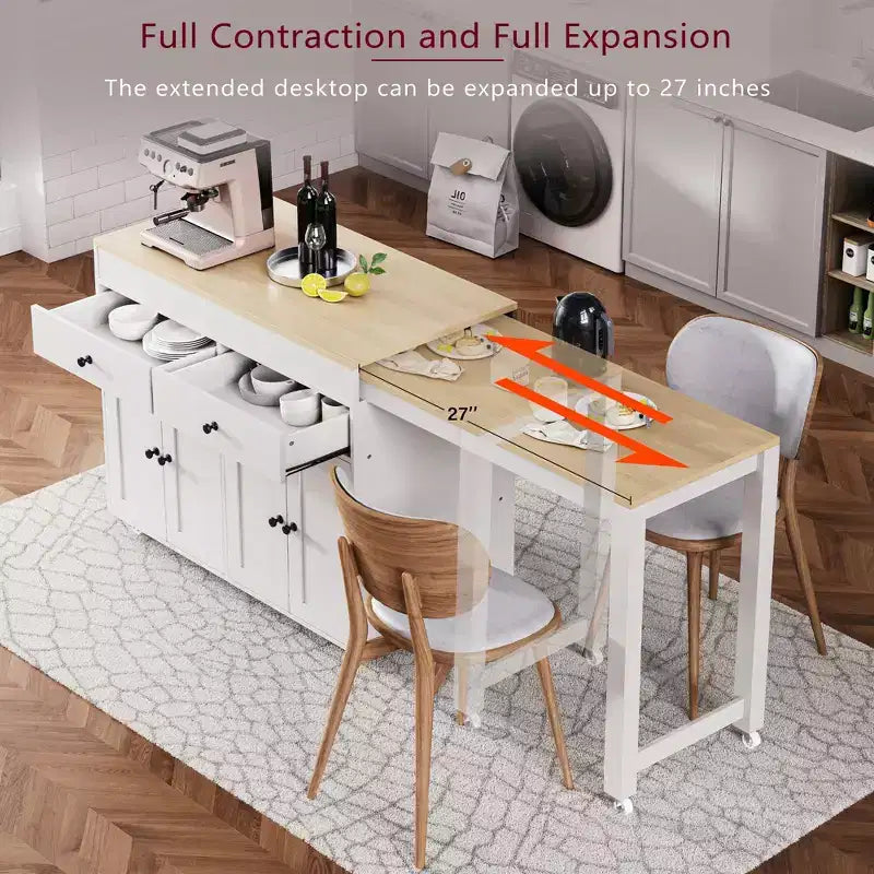 Isla de cocina móvil de 74 pulgadas con ruedas y mesa de comedor extensible, incluye especiero y 2 cajones, ideal para la cocina, blanca