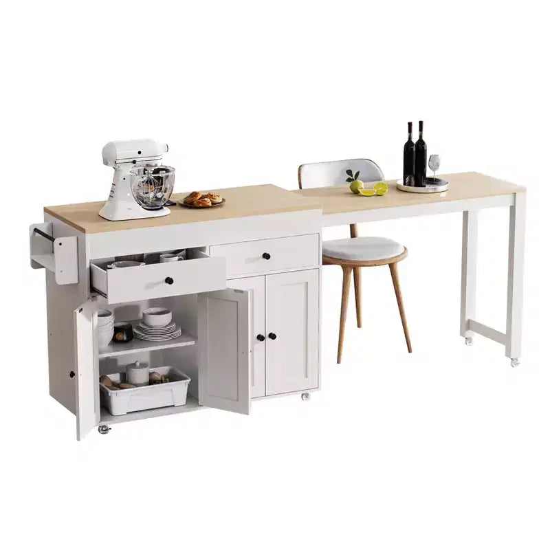 Isla de cocina móvil de 74 pulgadas con ruedas y mesa de comedor extensible, incluye especiero y 2 cajones, ideal para la cocina, blanca