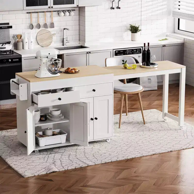Isla de cocina móvil de 74 pulgadas con ruedas y mesa de comedor extensible, incluye especiero y 2 cajones, ideal para la cocina, blanca