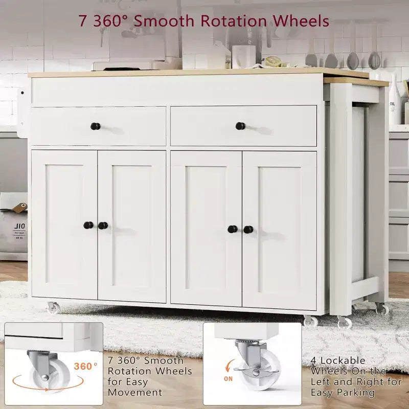 Isla de cocina móvil de 74 pulgadas con ruedas y mesa de comedor extensible, incluye especiero y 2 cajones, ideal para la cocina, blanca