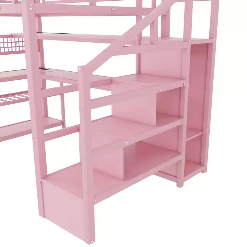 Cama alta de tamaño matrimonial con escalera de almacenamiento y armario, cama alta metálica con escritorio, estantes de almacenamiento, estación de carga y luces LED para adolescentes y adultos