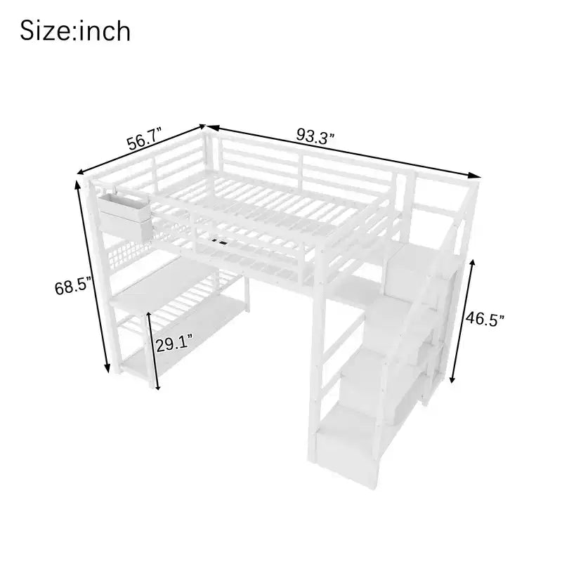 Cama alta de tamaño matrimonial con escalera de almacenamiento y armario, cama alta metálica con escritorio, estantes de almacenamiento, estación de carga y luces LED para adolescentes y adultos