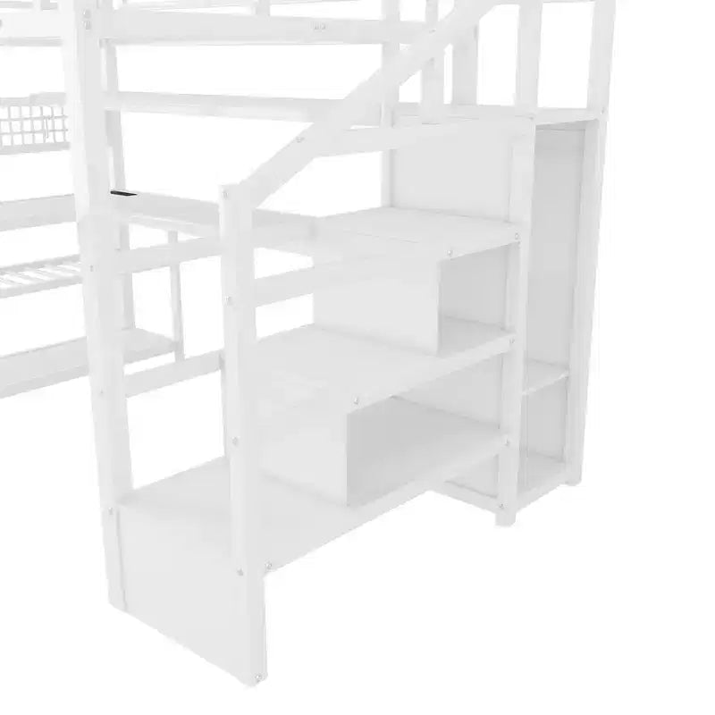 Cama alta de tamaño matrimonial con escalera de almacenamiento y armario, cama alta metálica con escritorio, estantes de almacenamiento, estación de carga y luces LED para adolescentes y adultos