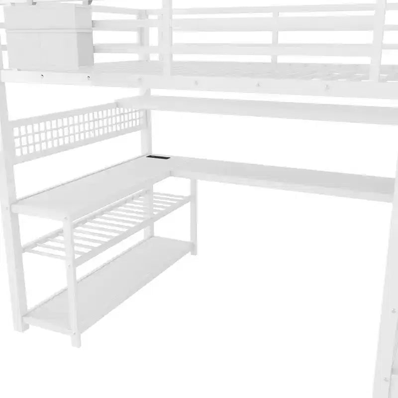 Cama alta de tamaño matrimonial con escalera de almacenamiento y armario, cama alta metálica con escritorio, estantes de almacenamiento, estación de carga y luces LED para adolescentes y adultos