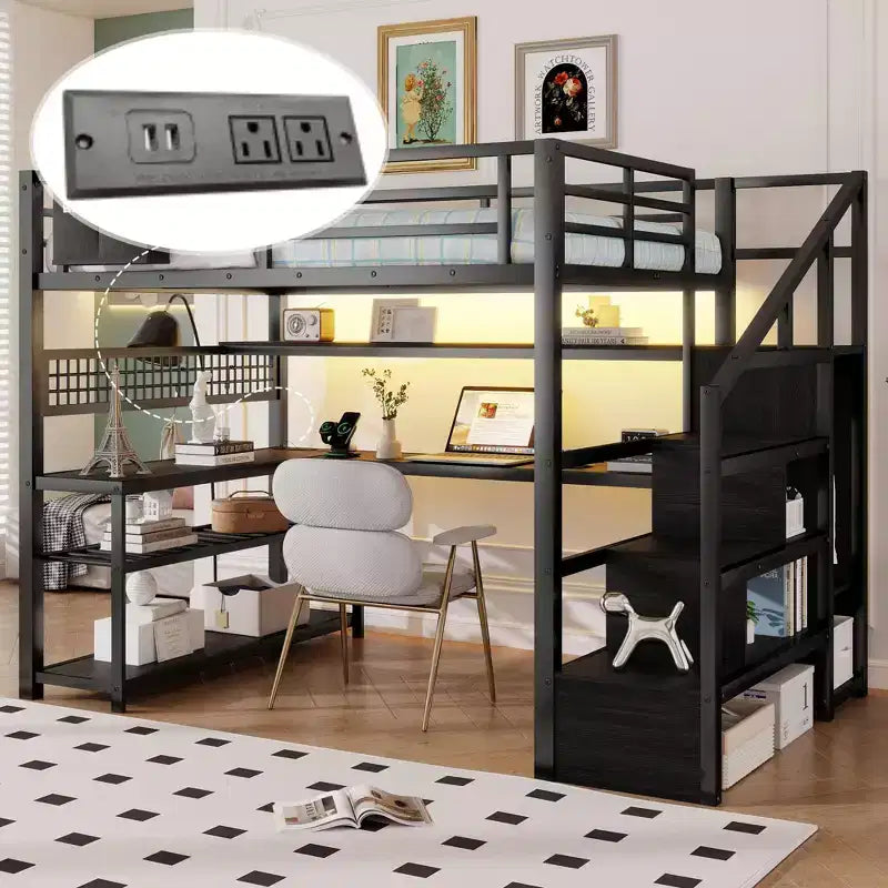 Cama alta de tamaño matrimonial con escalera de almacenamiento y armario, cama alta metálica con escritorio, estantes de almacenamiento, estación de carga y luces LED para adolescentes y adultos