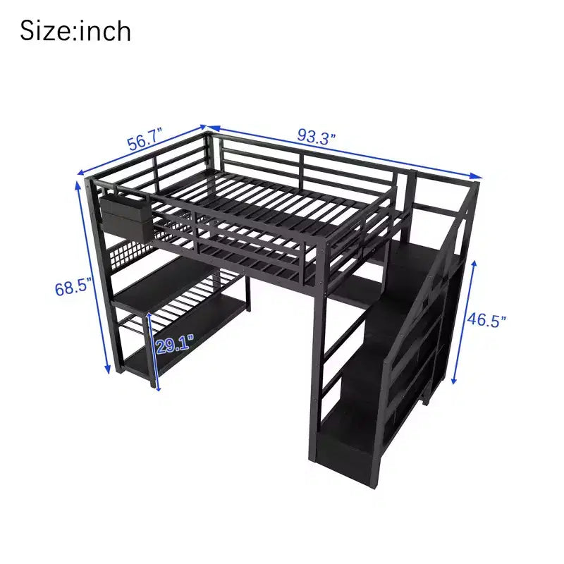 Cama alta de tamaño matrimonial con escalera de almacenamiento y armario, cama alta metálica con escritorio, estantes de almacenamiento, estación de carga y luces LED para adolescentes y adultos