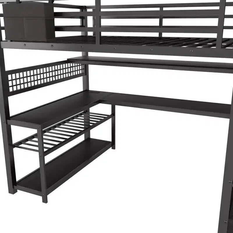Cama alta de tamaño matrimonial con escalera de almacenamiento y armario, cama alta metálica con escritorio, estantes de almacenamiento, estación de carga y luces LED para adolescentes y adultos