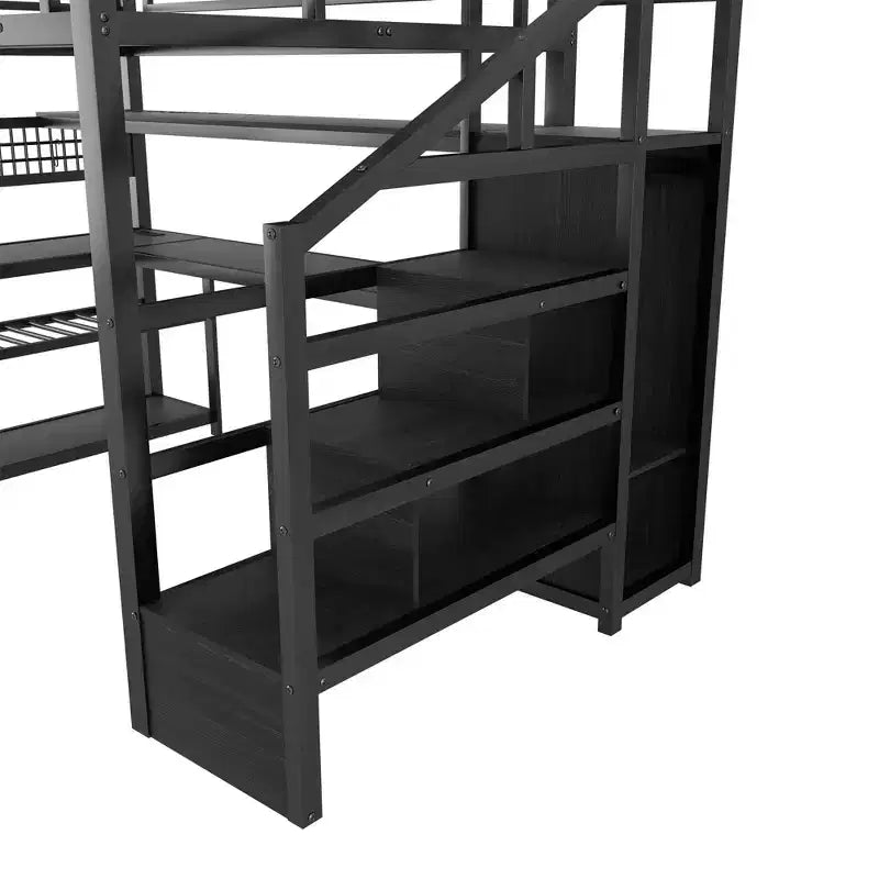 Hochbett in Größe Full mit Treppe mit Stauraum und Kleiderschrank, Metallhochbett mit Schreibtisch, Ablagefächern, Ladestation und LED-Leuchten für Jugendliche und Erwachsene