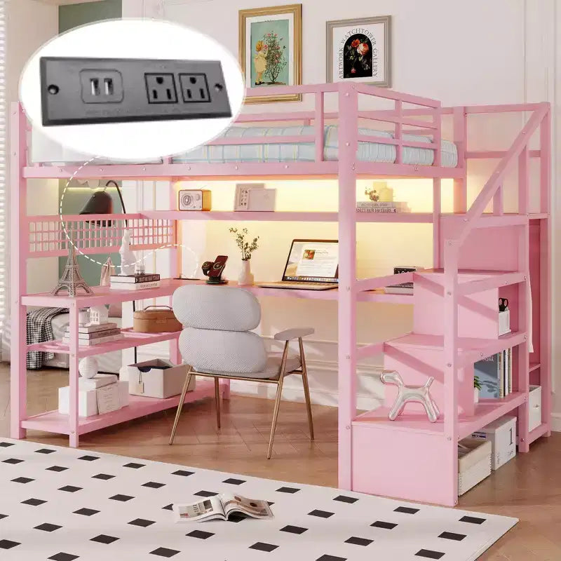 Cama alta de tamaño matrimonial con escalera de almacenamiento y armario, cama alta metálica con escritorio, estantes de almacenamiento, estación de carga y luces LED para adolescentes y adultos