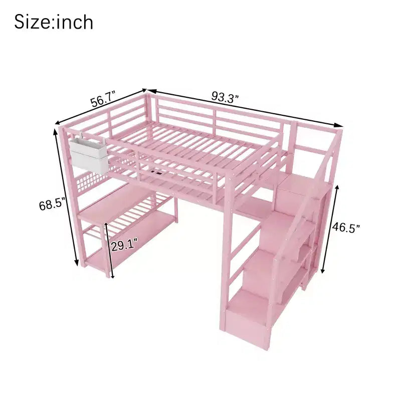 Cama alta de tamaño matrimonial con escalera de almacenamiento y armario, cama alta metálica con escritorio, estantes de almacenamiento, estación de carga y luces LED para adolescentes y adultos