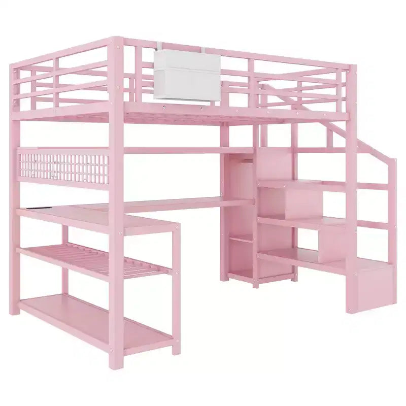 Cama alta de tamaño matrimonial con escalera de almacenamiento y armario, cama alta metálica con escritorio, estantes de almacenamiento, estación de carga y luces LED para adolescentes y adultos