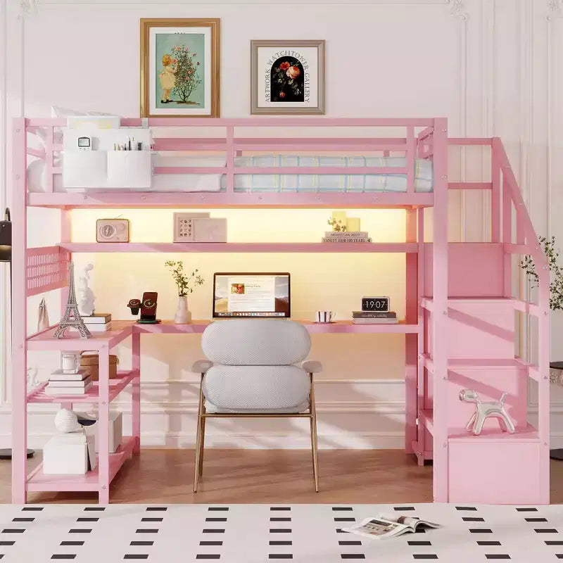 Hochbett in Größe Full mit Treppe mit Stauraum und Kleiderschrank, Metallhochbett mit Schreibtisch, Ablagefächern, Ladestation und LED-Leuchten für Jugendliche und Erwachsene