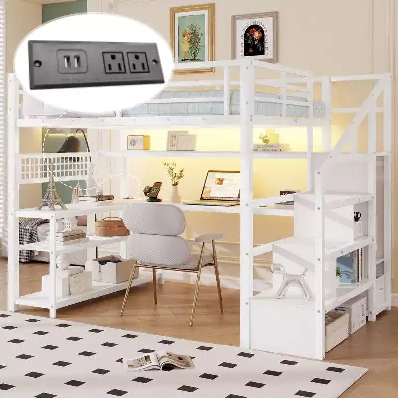 Hochbett in Größe Full mit Treppe mit Stauraum und Kleiderschrank, Metallhochbett mit Schreibtisch, Ablagefächern, Ladestation und LED-Leuchten für Jugendliche und Erwachsene