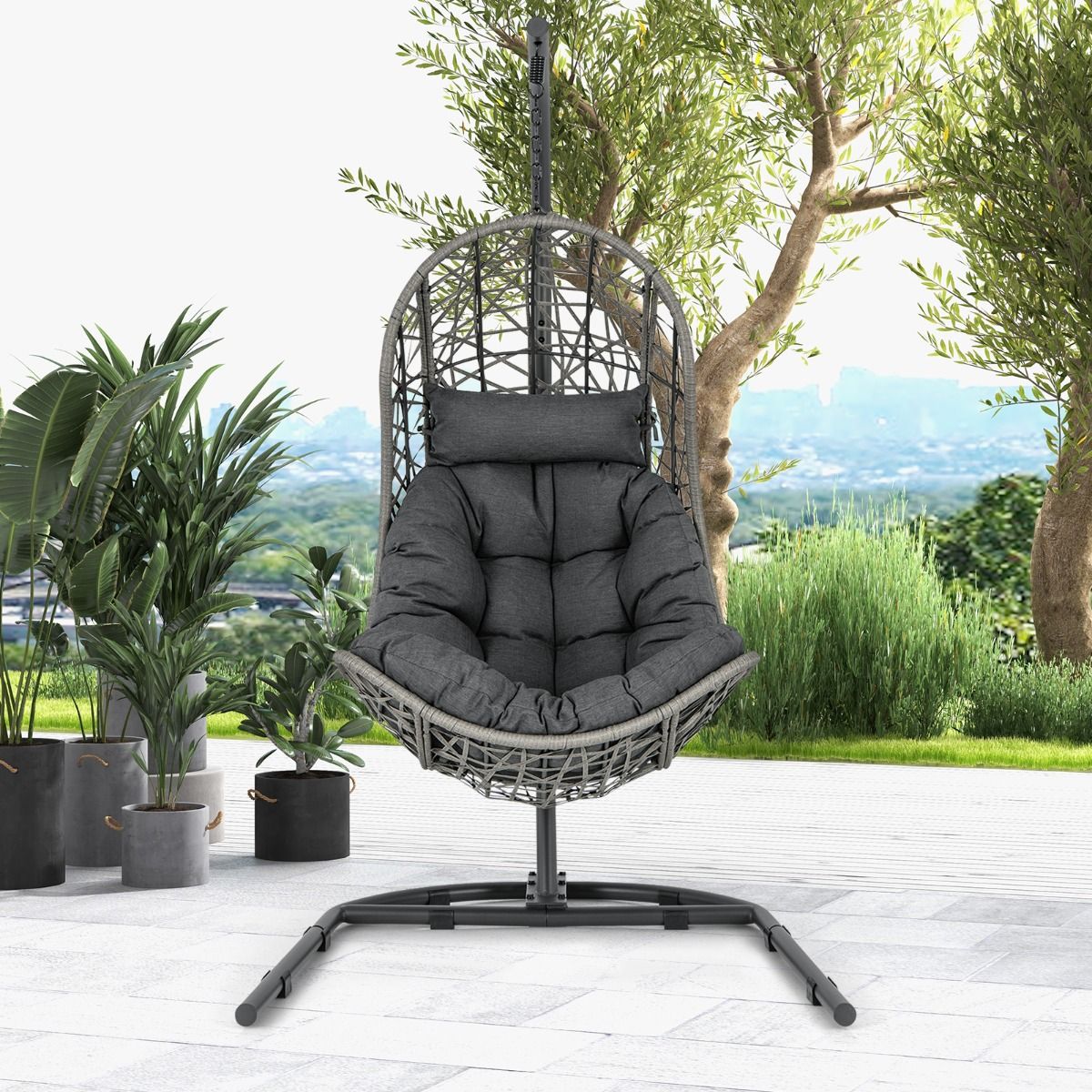 Chaise Oeuf en Rotin PE avec Support avec Oreiller et Coussin Chaise Suspendue avec Accessoires de Suspension Capacité 160 Kg Gris