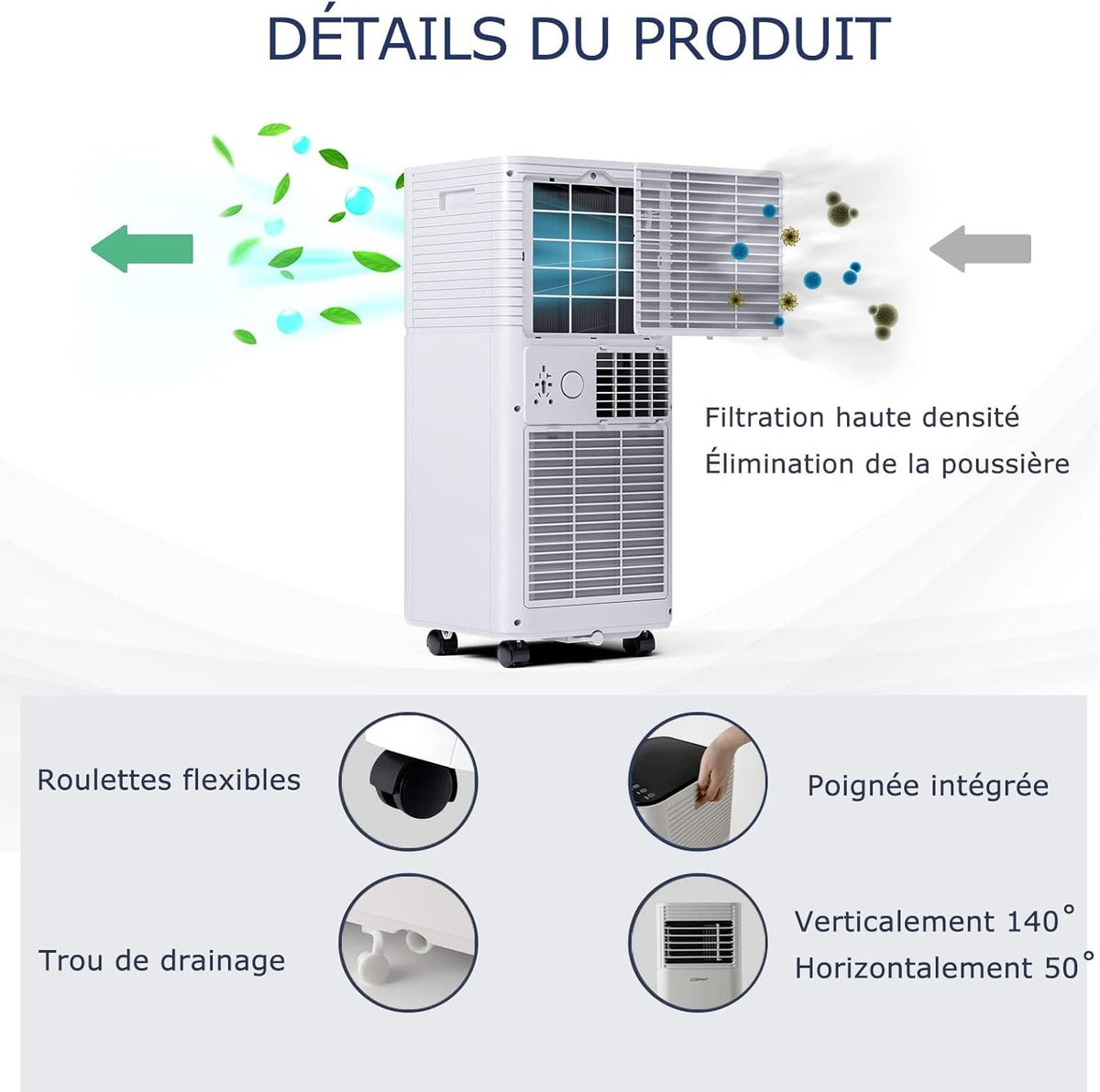 GOPLUS Climatiseur Mobile 9000BTU 2,6kW, Climatiseur 4 en 1 Fonction de Refroidissement, Déshumidification, Ventilation, Mode Nuit, Minuterie 24H, Contr?le Télécommande/écran, 20©O, Noir, R290