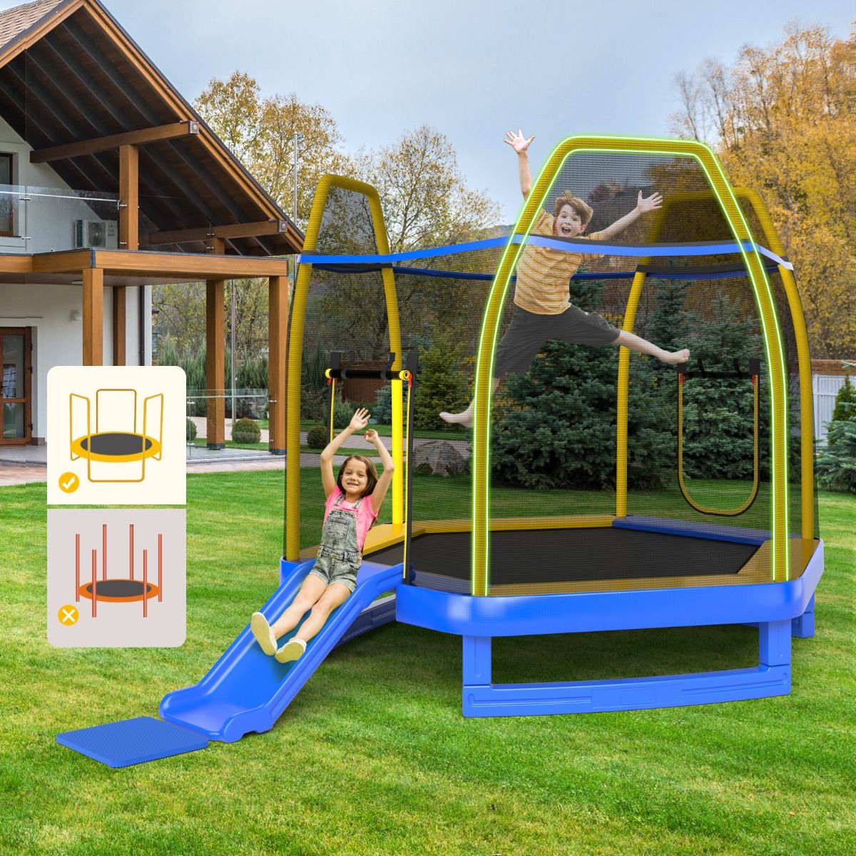 Trampoline Extérieur ? 223cm avec Toboggan&Echelle avec Filet de Sécurité 2 Portes en U Charge 270kg pour 2-3 Enfants de 3 Ans+ Bleu/Vert