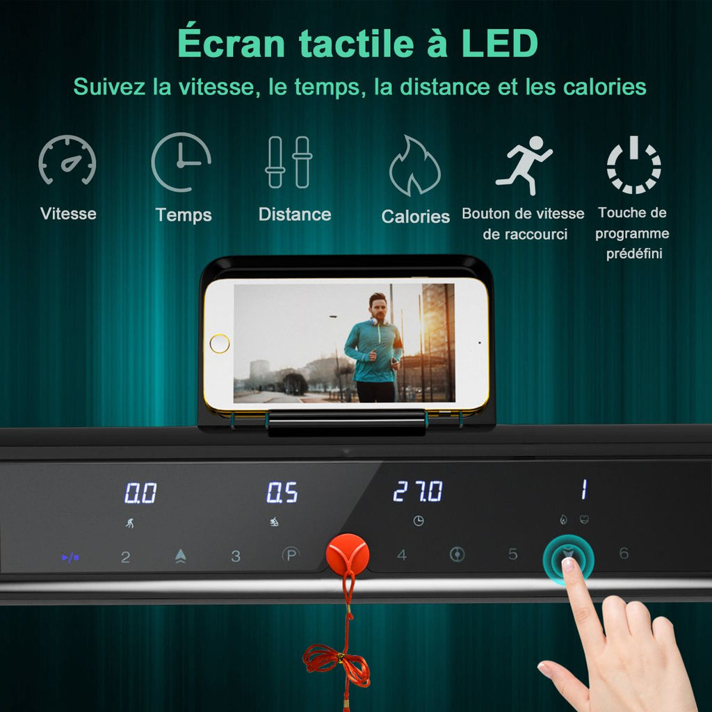 Tapis de Course/Marche Pliable 500W 12 Programmes Prédéfinis 0,8-9,6 Km/h Ecran Tactile LED 4 Touches de Raccourci Noir Support pour Ipad