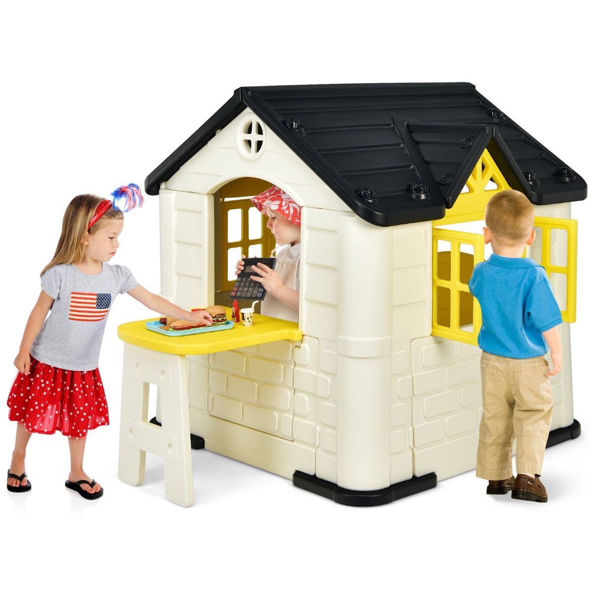 Maison Chef House -Thème Burger Bar - Table de Pique Nique Cabane de Jardin Anti-UV en Plastique 164x124x132 cm Bleu/Rose/Jaune