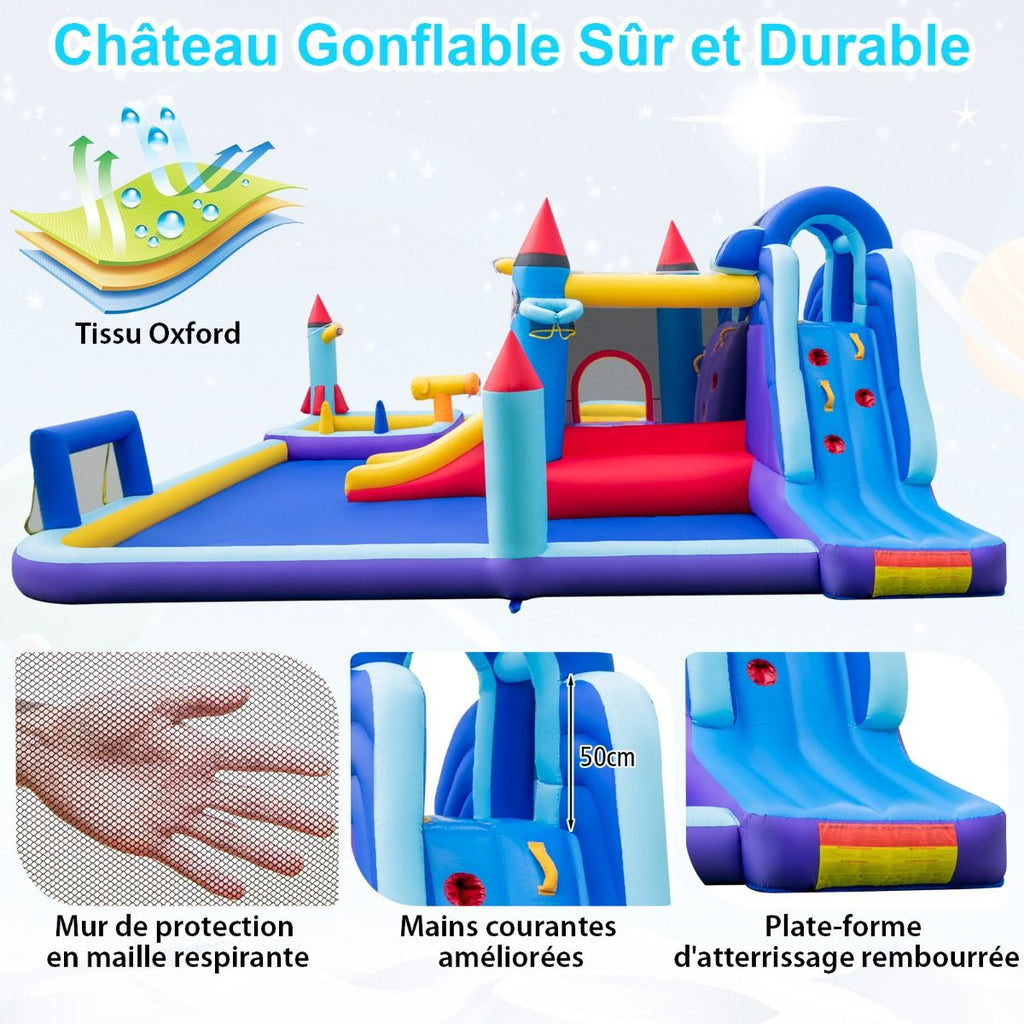 Chateau Gonflable à Toboggans Aquatiques Thème de La Fusée pour Enfants Piscine Zone de Saut Pistolet à Eau Escalade Souffleur de 850 W Multicolore