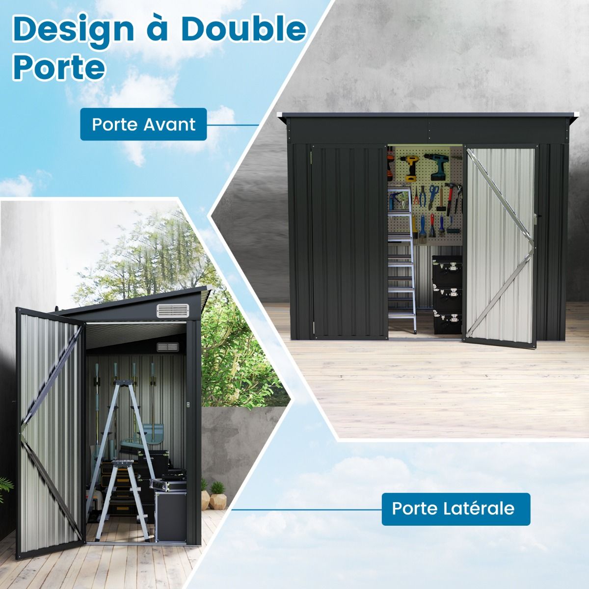 Abri de Jardin Extérieur Abri à Outils de Jardin avec 2 Portes Design Incliné Aérations Cadre en Métal Galvanisé 235x117x185cm Gris Foncé